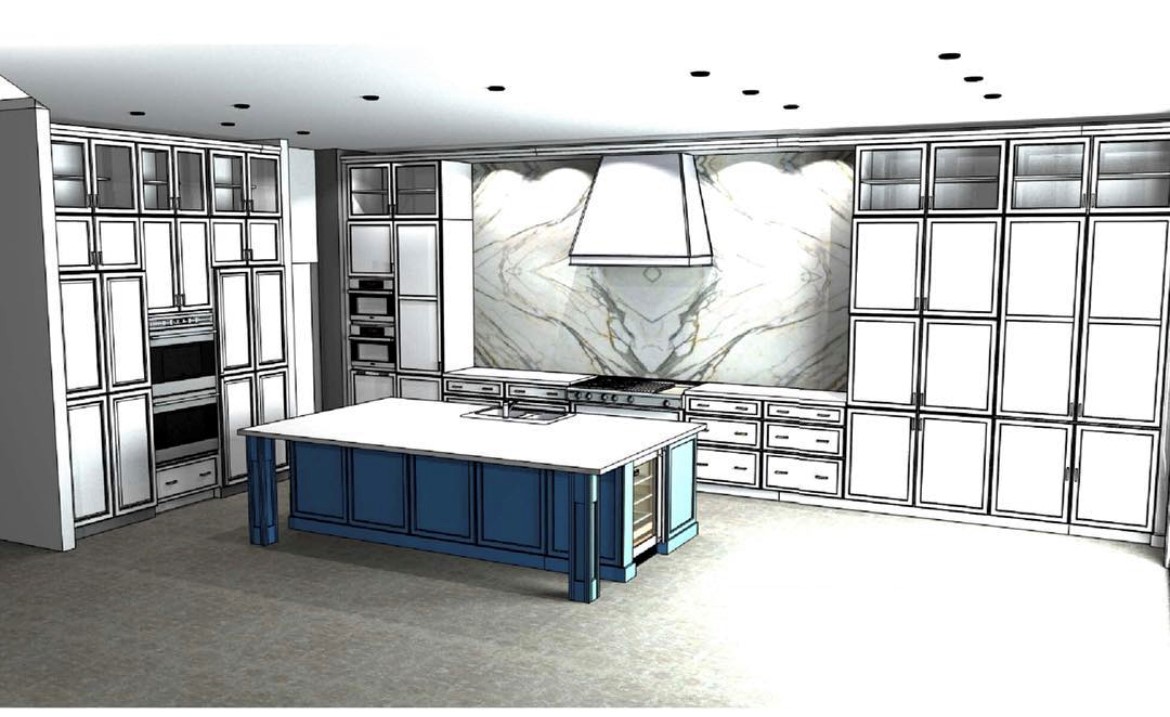 Drawing of Kitchen with Blue Island for Kitchen Design in Pinecrest, Palmetto Bay, Coral Gables, Ocean Reef, Key Largo, and Kendall